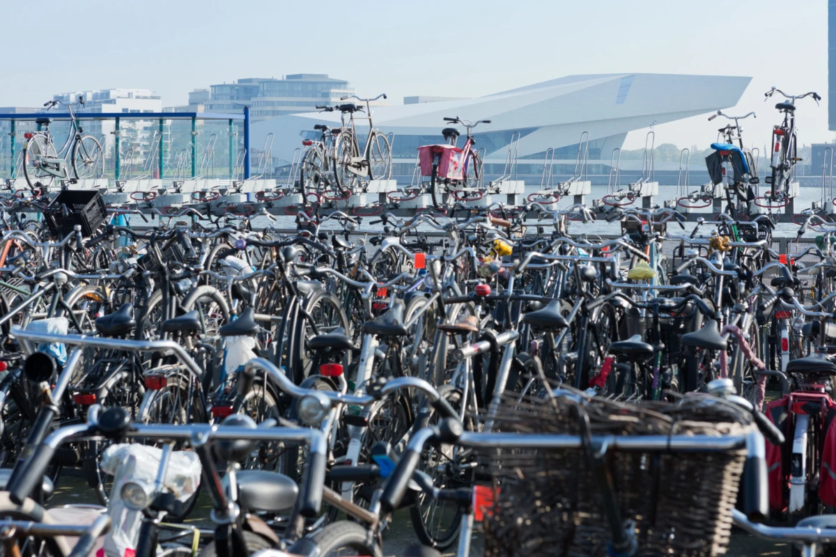 Dense cluster of bicycles parked in a two-tier bike rack on a waterfront plaza, with modern buildings in the background.