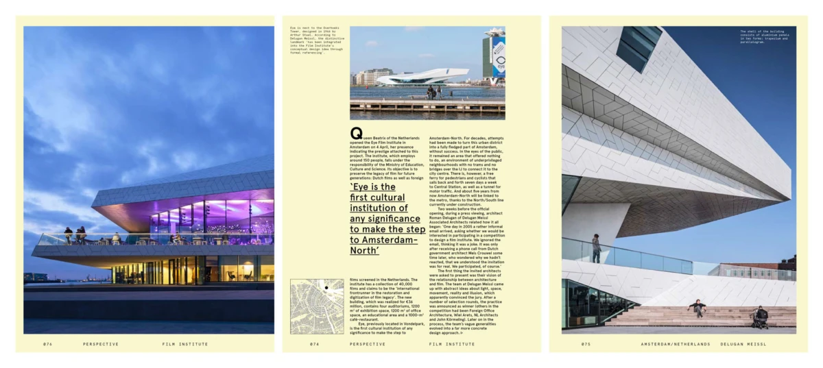 Triptych magazine spread about architecture: left glass pavilion at dusk, middle article page, right white angular building with steps.