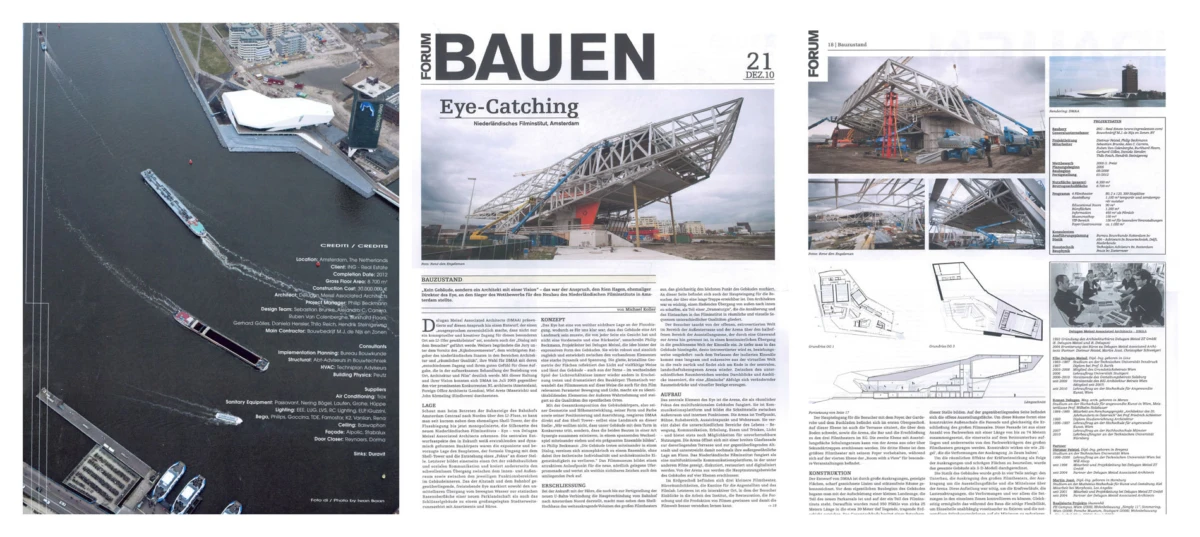 Three-page magazine spread about a harbor bridge under construction; aerial harbor photo left, steel cantilever bridge in center, diagrams and shots on right.