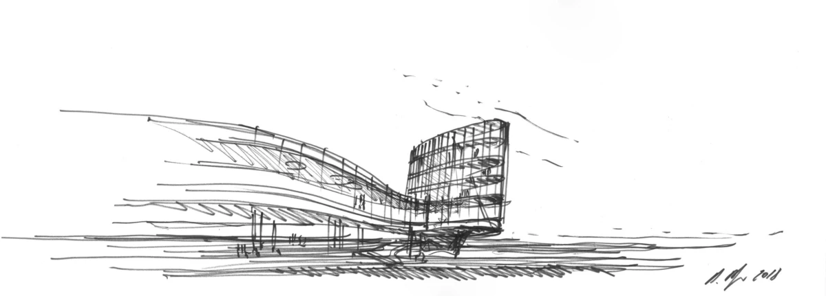 Architectural sketch of a modern curved-glass building with a curved wing on a flat site.