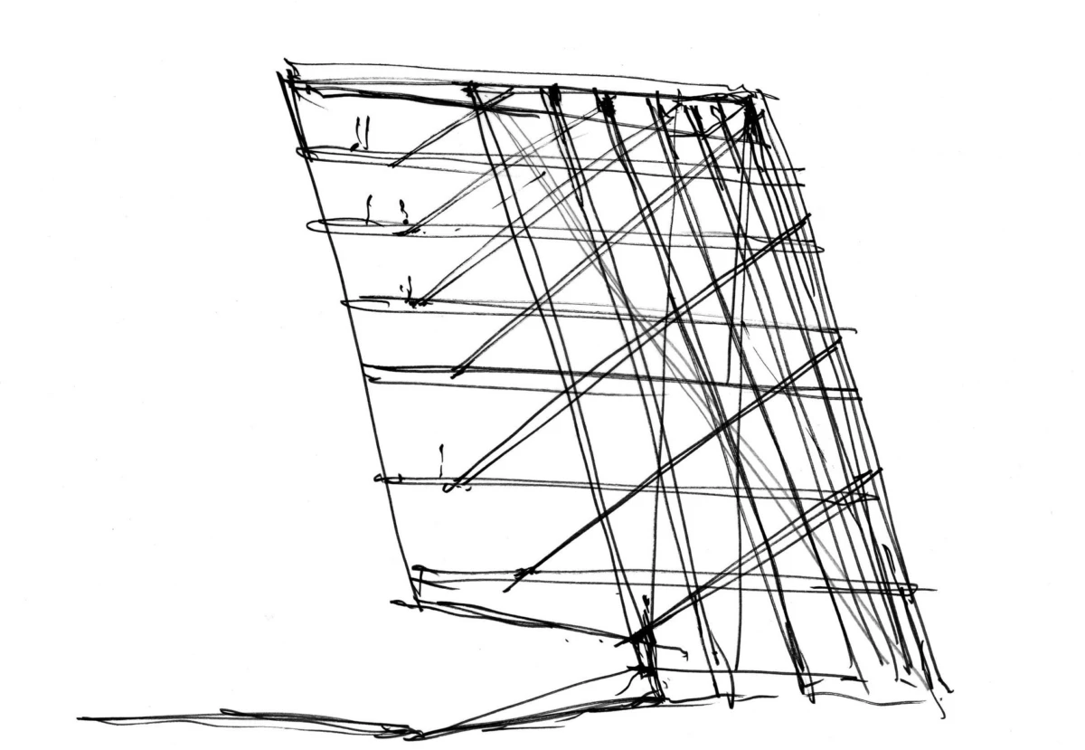 Rough sketch of a multi-level construction scaffolding frame with crisscrossing braces.