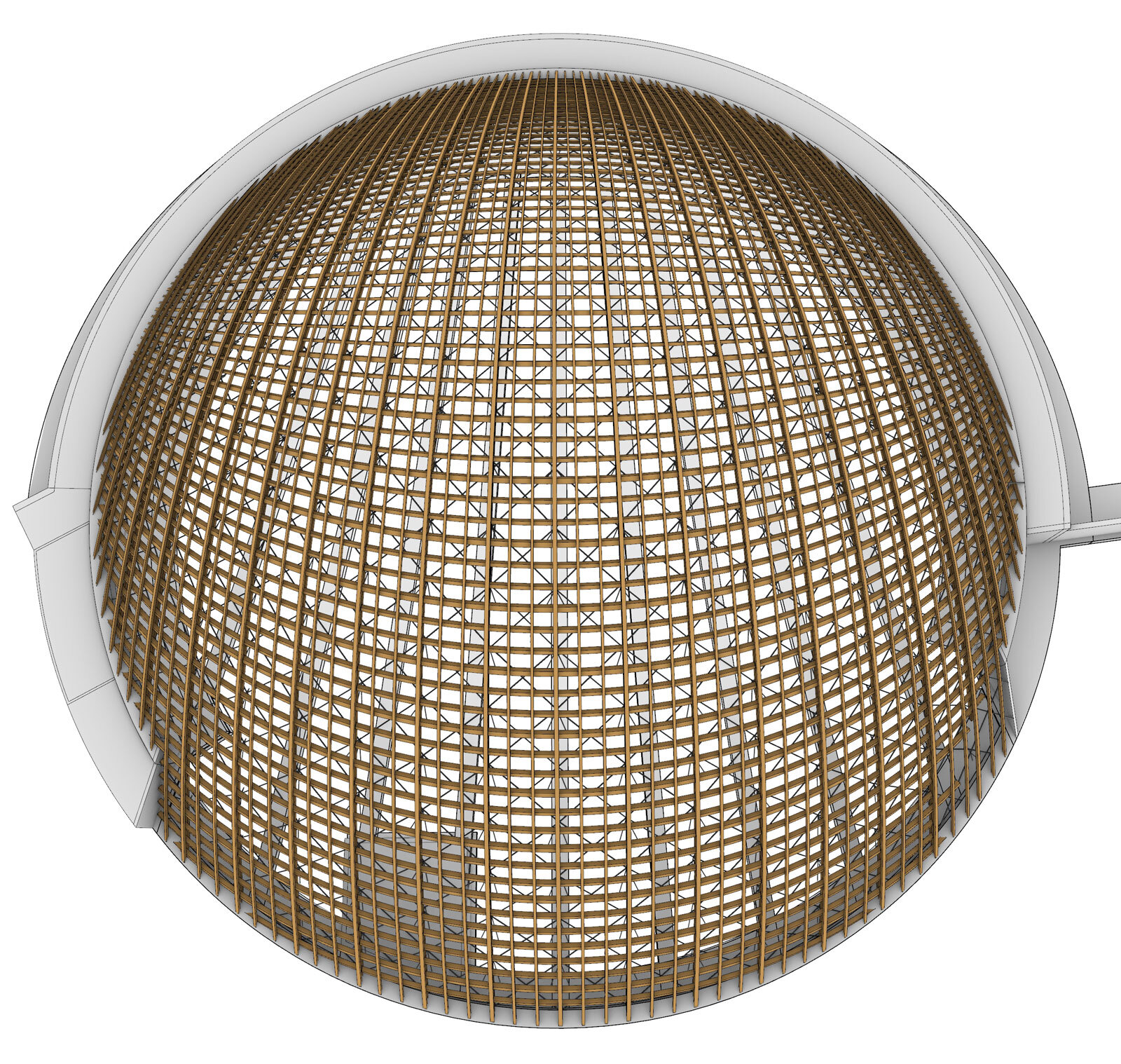 Brown wooden lattice sphere inside a white circular frame, viewed from above.