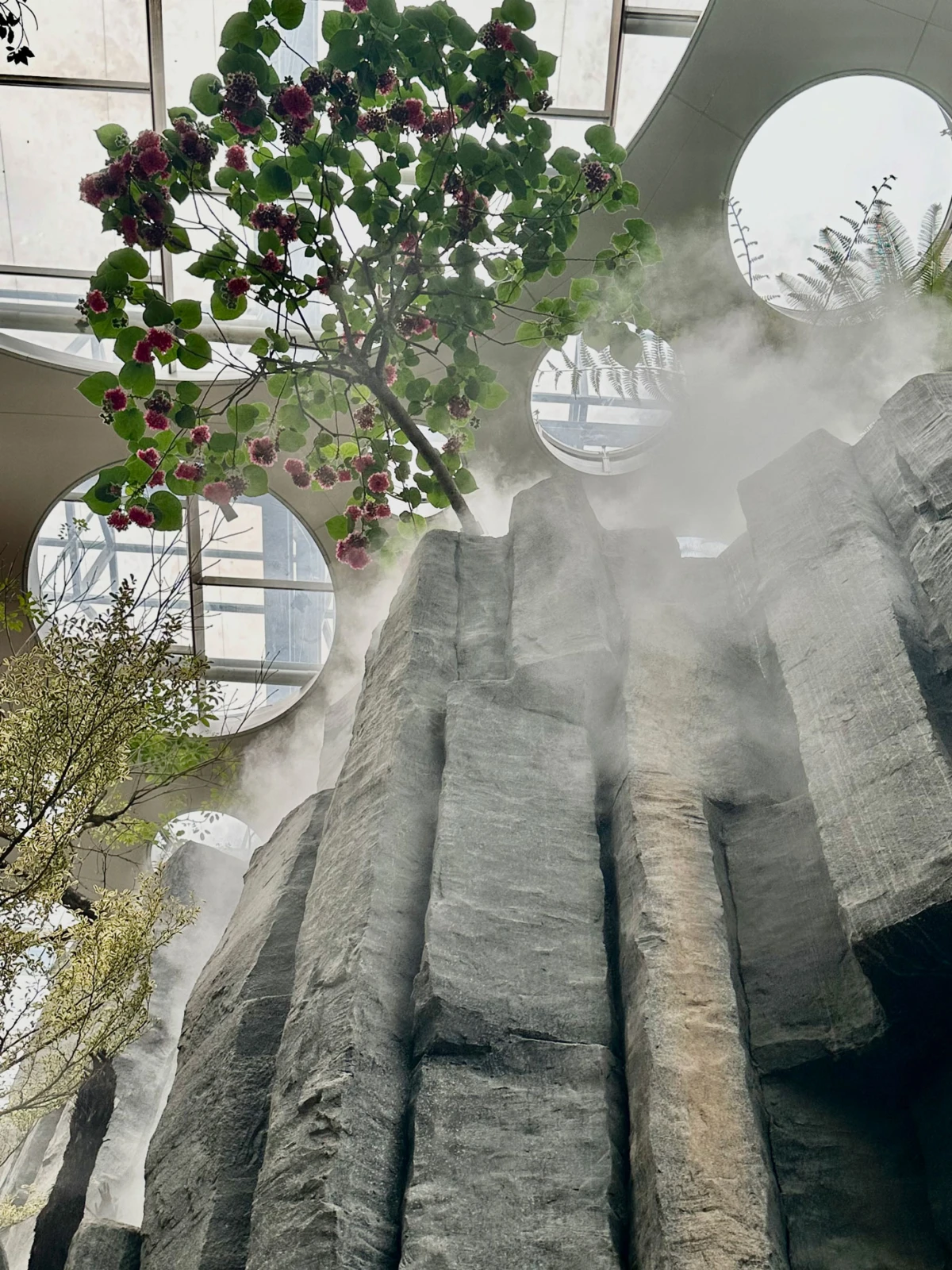 Indoor rock garden with gray rock columns, mist, and a flowering tree with round green leaves and pink blossoms under circular skylights.