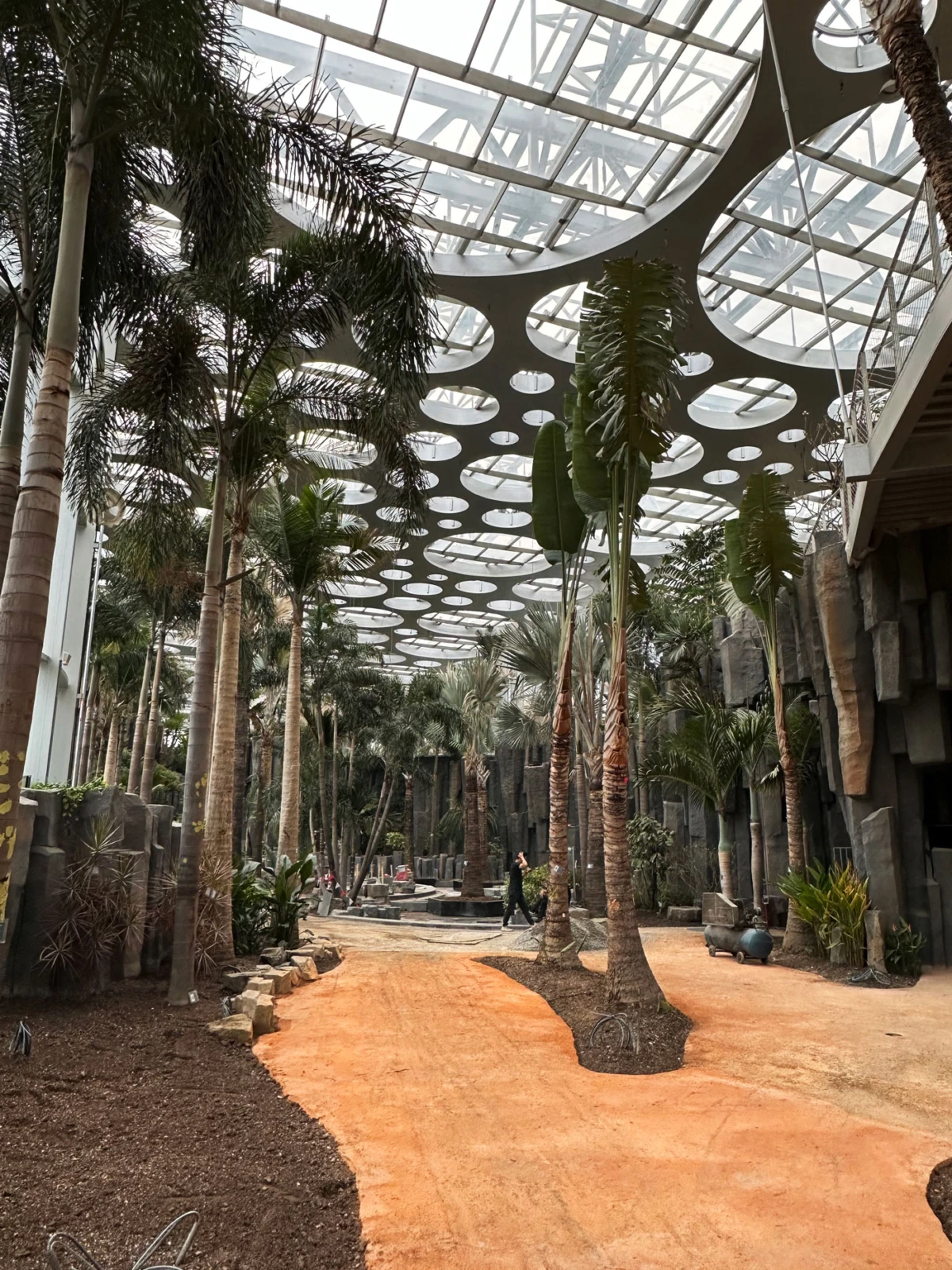 Indoor palm trees in a glass-roofed atrium; a person walks along an orange dirt path.