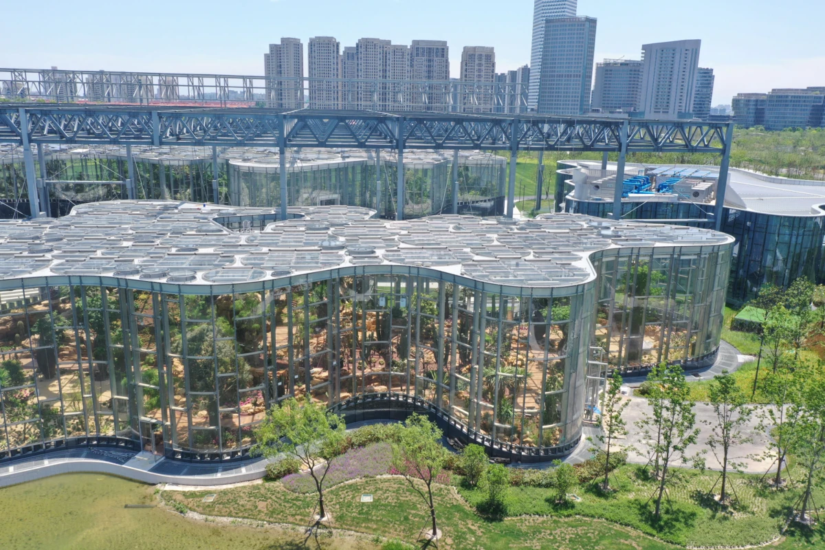 Modern glass-walled complex with curved, wave-like roofs set among trees; steel framework overhead and distant high-rise cityscape.