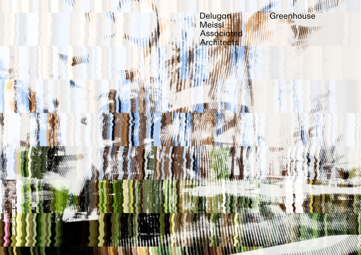 Glitch-distorted building facade with signage for Delugan Meissl Associated Architects; greenery at base.
