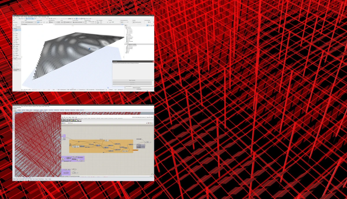 Two software screenshots: a 3D curved mesh in a modeling app and a node-based diagram with colored blocks, set against a red lattice background.