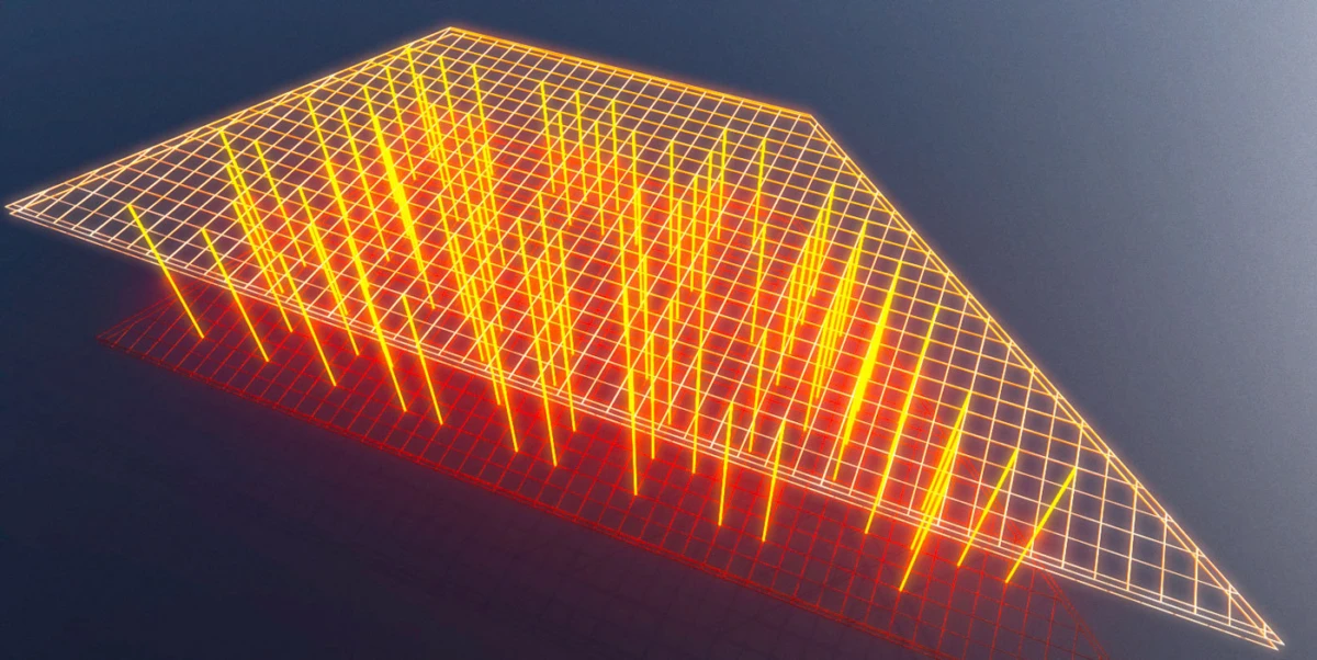Illuminated triangular wireframe plane with vertical orange light bars against a dark blue background.