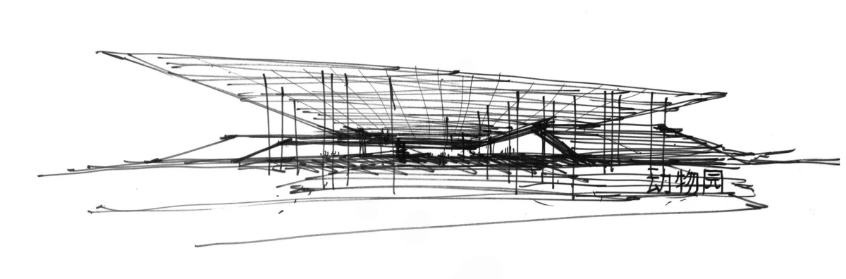 Abstract line drawing of an airplane with a broad wing resting on a flat surface.