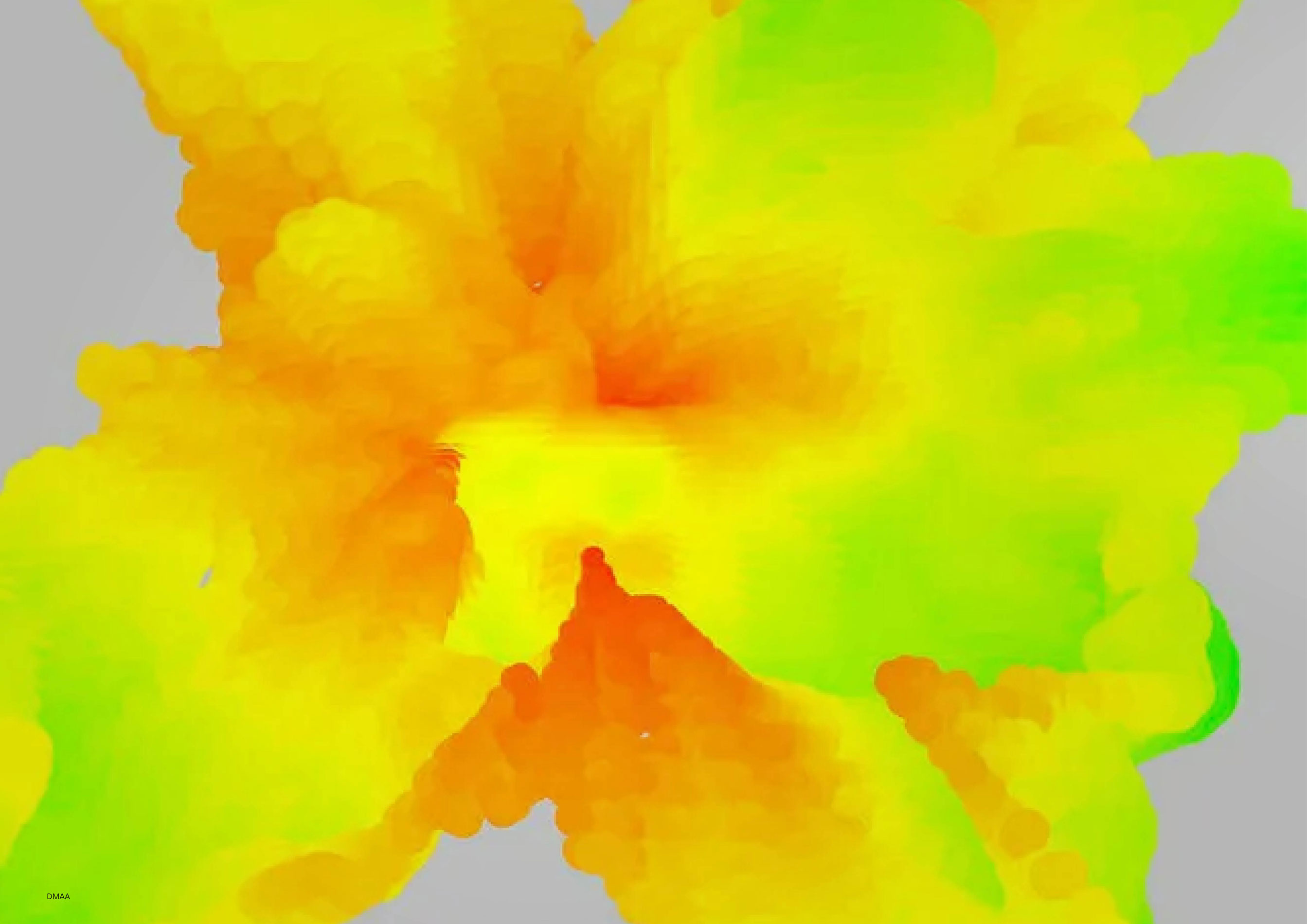 Abstract color explosion radiating outward on gray background with yellow, orange, and green cloud-like swirls.