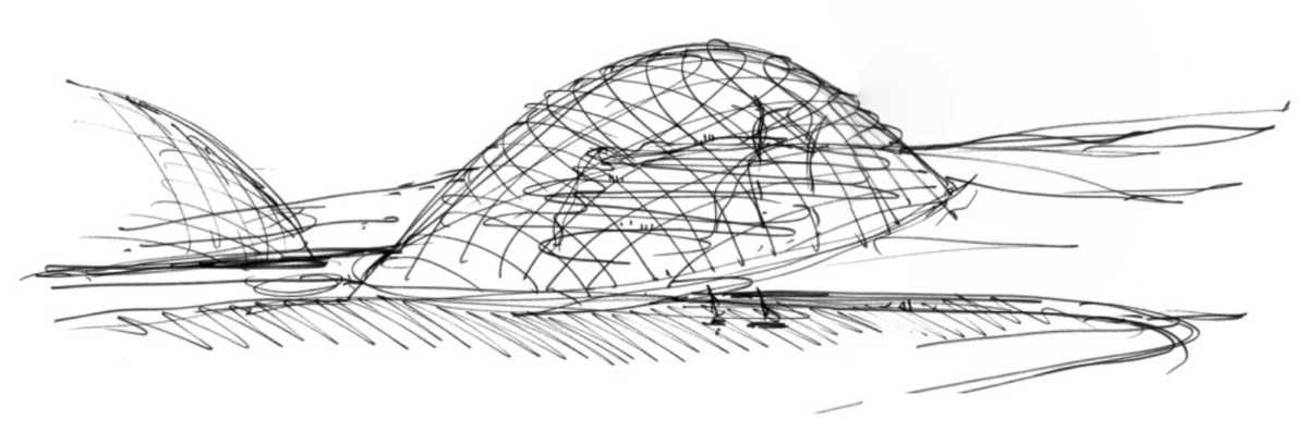 Sketch of geodesic dome greenhouse on a grassy field.