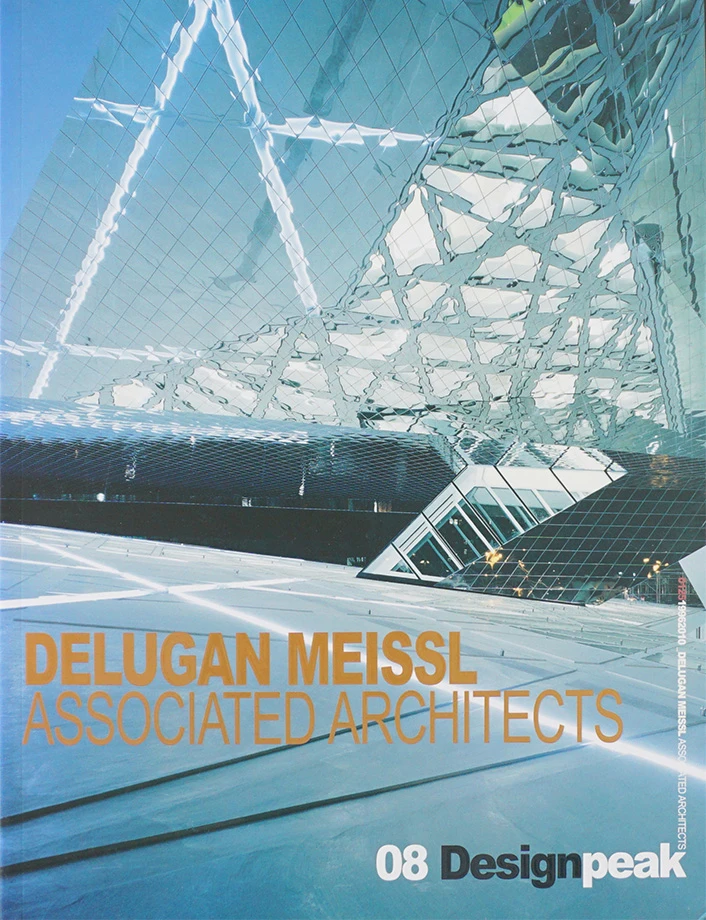 Magazine cover showing futuristic glass architecture with lattice framework; DELUGAN MEISSL ASSOCIATED ARCHITECTS, 08 Designpeak