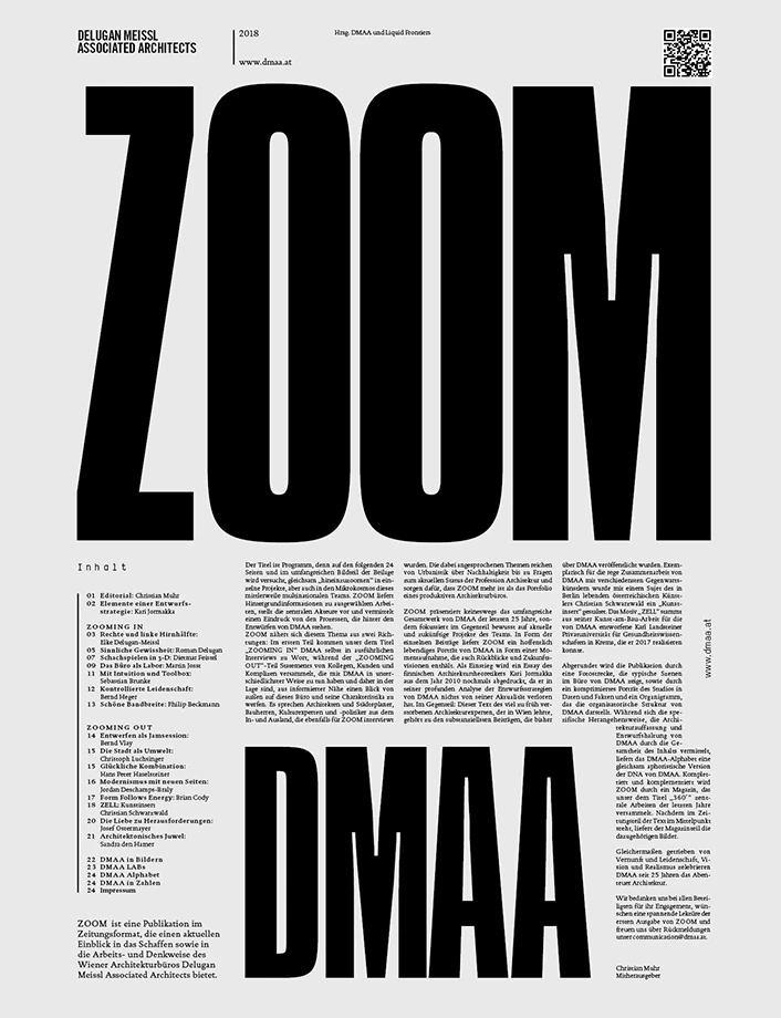 Poster-style magazine page featuring oversized black typography: "ZOOM" at top and "DMAA" at bottom, with dense column text on left.