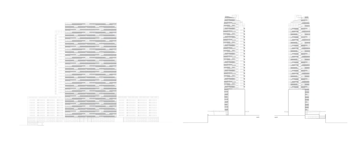 Elevation views of a large central high-rise with a podium and two slender towers against a white background.