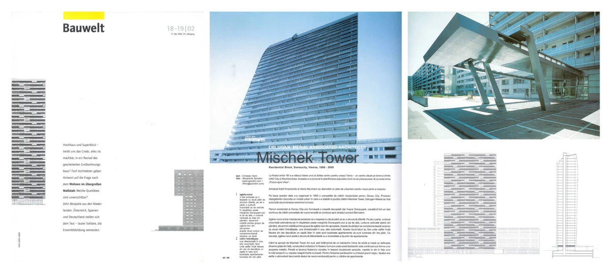 Bauwelt magazine spread showing Mischek Tower photo, modern entrance canopy, and architectural drawings.