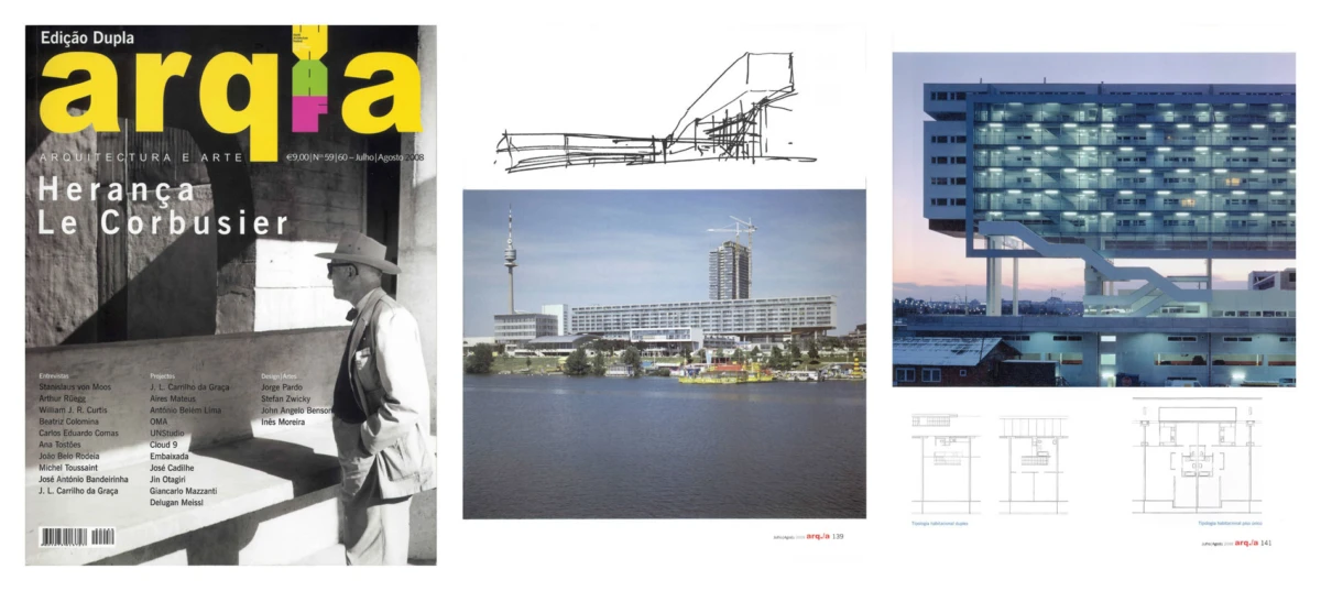 Three-panel architectural collage: left magazine cover with man in hat; center sketch and riverside cityscape; right modern glass building with plans.