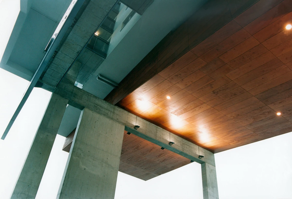 Concrete columns support a wooden ceiling with recessed lights in a modern interior.