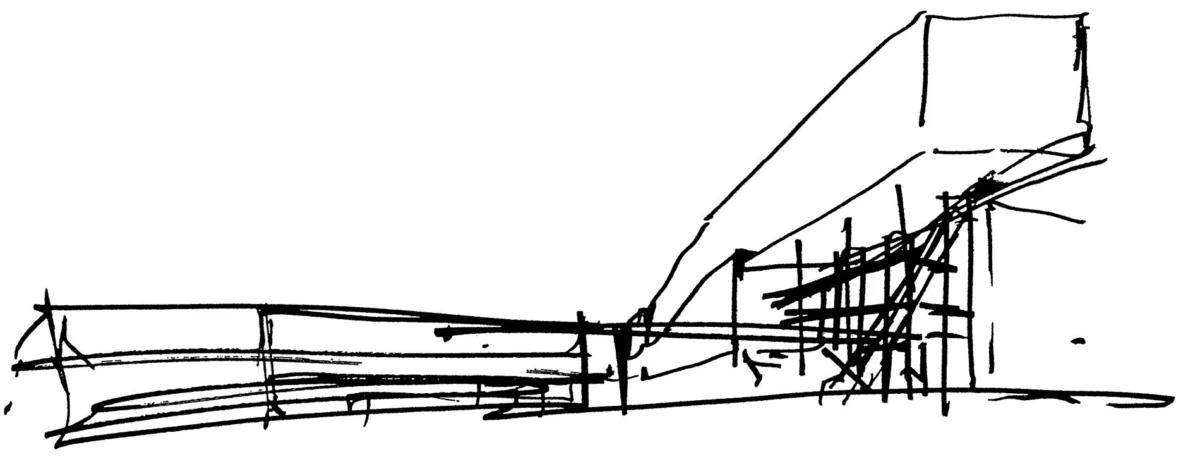 Rough sketch of scaffolding erected beside an inclined ramp at an industrial construction site.