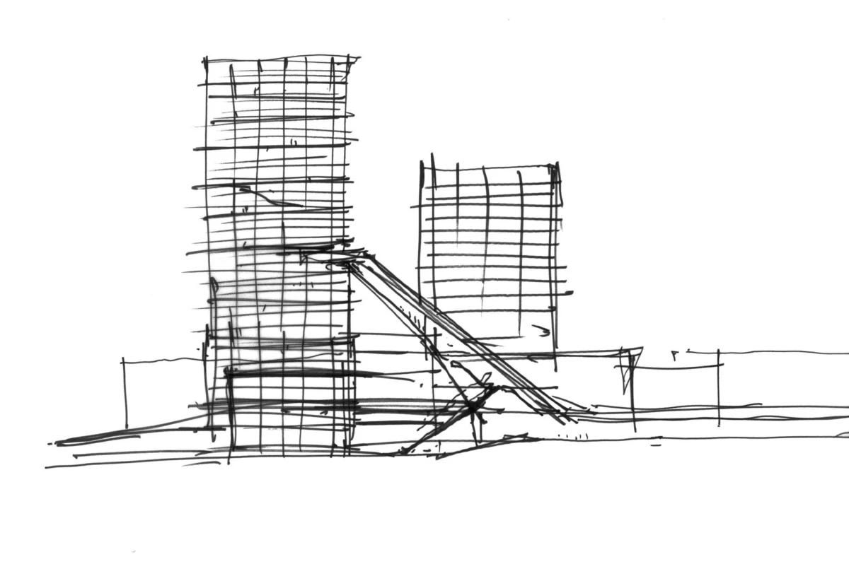 Two grid-like high-rise buildings on a construction site, joined by a diagonal ramp.