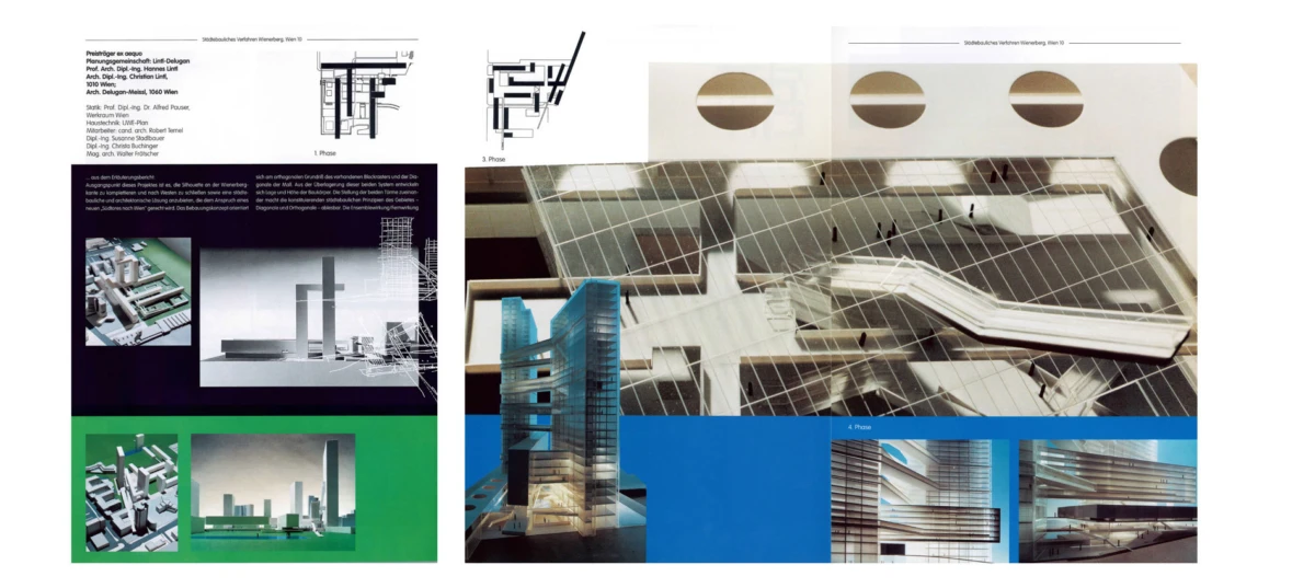 Architectural collage on presentation board showing building models, diagrams, and blue and green panels.