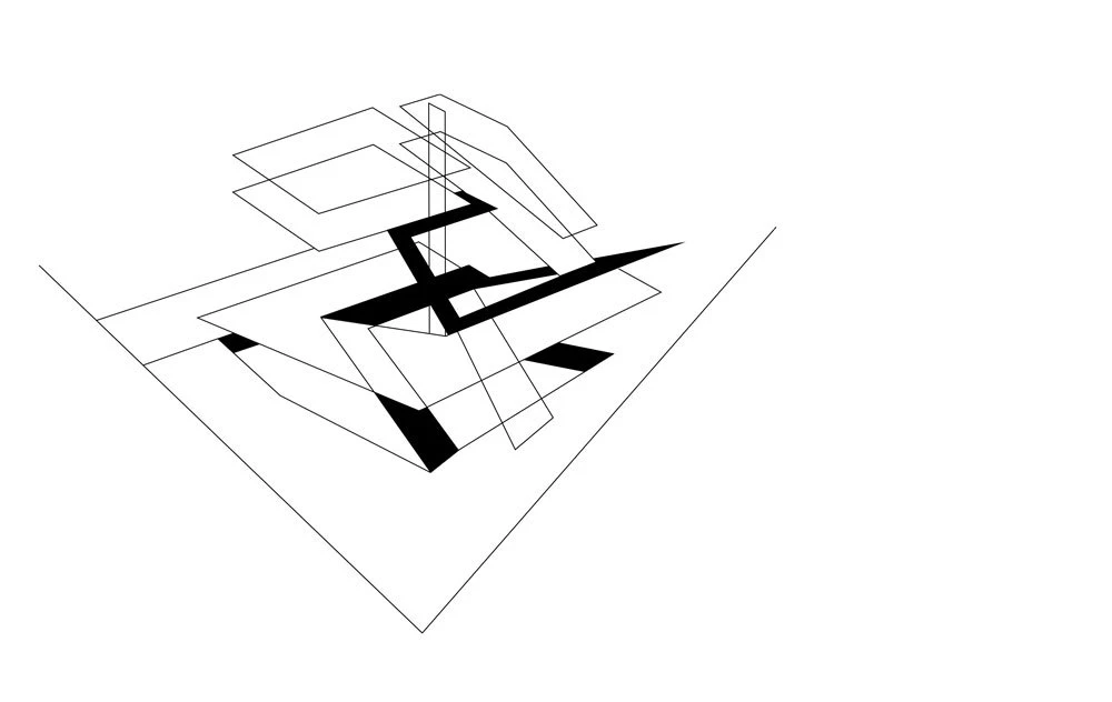 Abstract geometric composition with overlapping wireframe rectangles and bold black angular shapes on a white background.