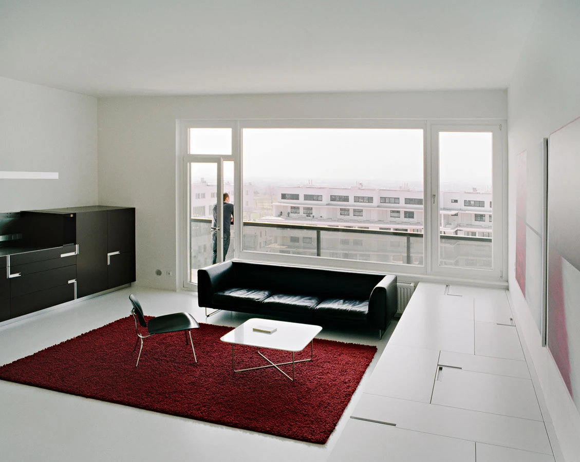 Minimalist living room with black sofa, red shag rug, white coffee table; large window view of city; person standing by balcony door.
