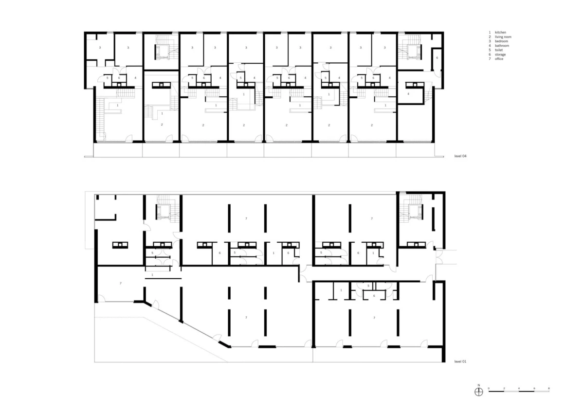 Two-level architectural floor plan of a multi-unit building; level 04 shows repeated apartments, level 01 contains open areas and utility rooms.