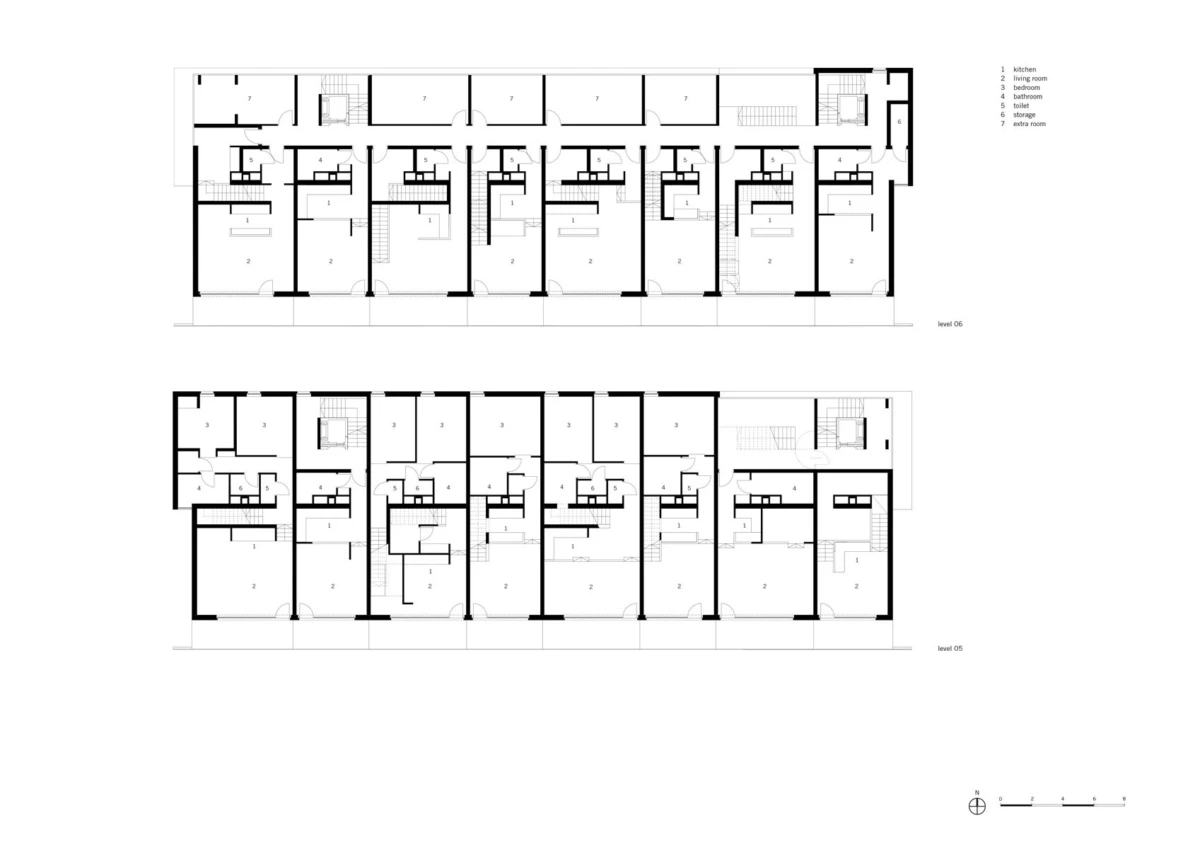 Two-level floor plan drawings of a multi-unit residential building, showing apartments, stair cores, and corridors.