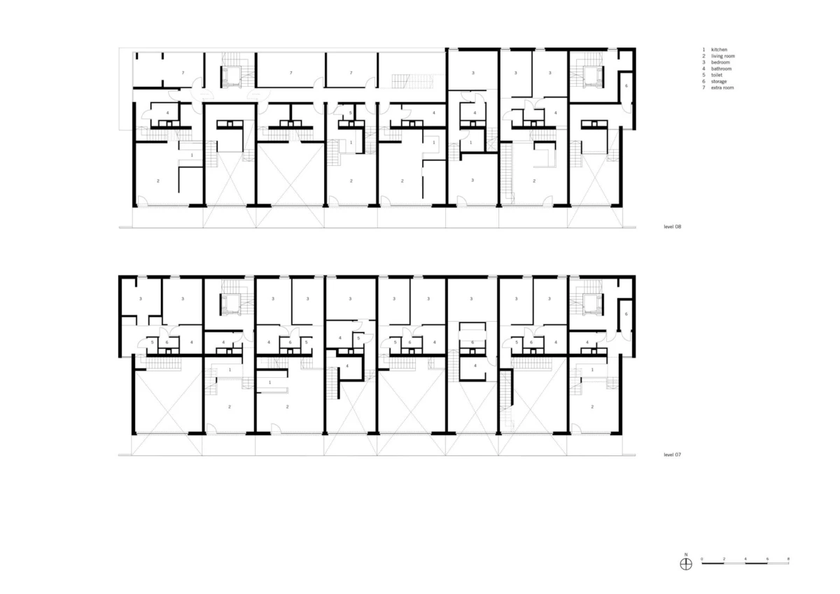 Two-level floor plans for a multi-unit building, floors 07 and 08, showing apartment layouts with walls, doors, and room labels.
