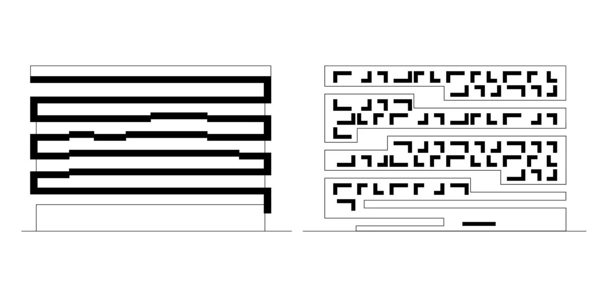 Two schematic diagrams: left with five stacked thick horizontal bars; right with outlined rectangles containing maze patterns.