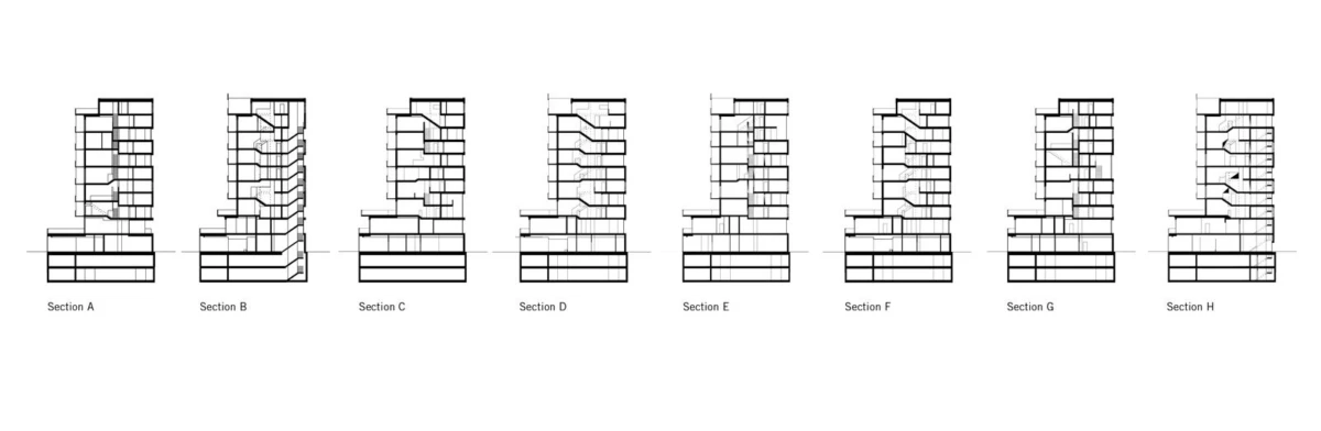 Eight architectural building sections labeled A to H, showing stacked floors and interior staircases.