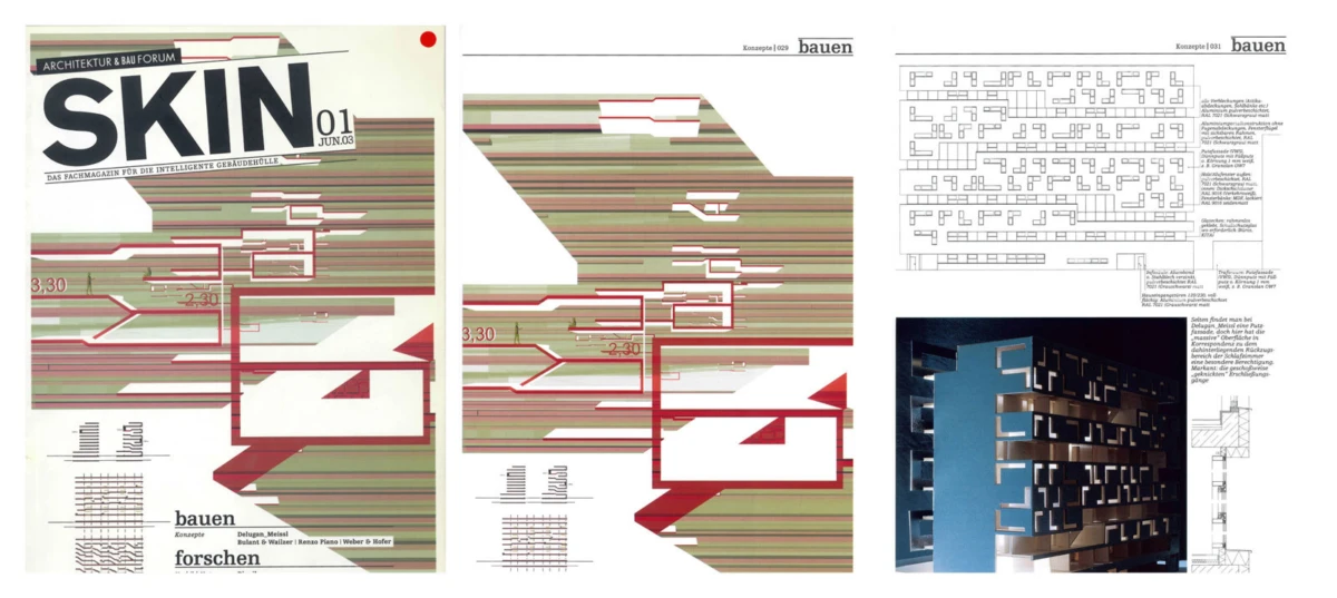 Architectural collage showing SKIN magazine covers with geometric red-green patterns, blueprint diagrams, and a blue residential building facade.