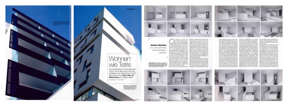 Three-panel magazine spread featuring modern apartment buildings: angular balconies, white high-rise with 'Wohnen wie Tetris', and grayscale interior-photo grid.