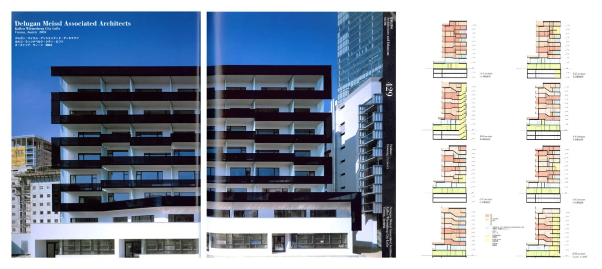 Two-page architectural spread of a modern residential building with bold black balconies against blue sky and adjacent diagrams.