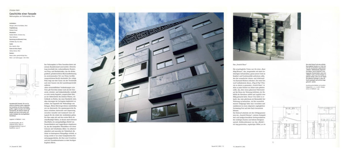 Three-panel collage of a modern gray apartment building facade viewed from below, with angular balconies; includes interior stairwell and floor-plan sketches.