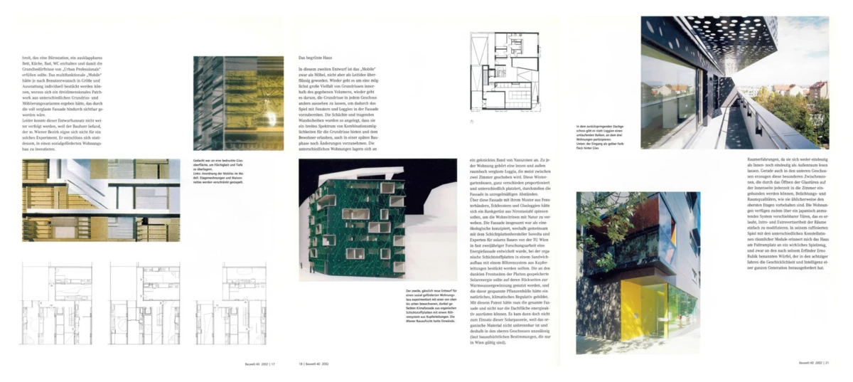 Architectural design spread with building photographs, floor plans, and diagrams on white pages.