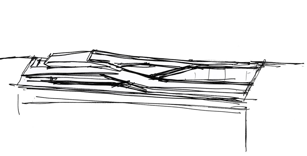 Line drawing of a stack of wooden boards piled on a flat surface.