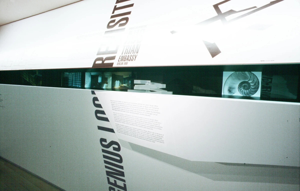 Museum exhibition wall with bold diagonal typography and a glass display showing a spiral seashell.