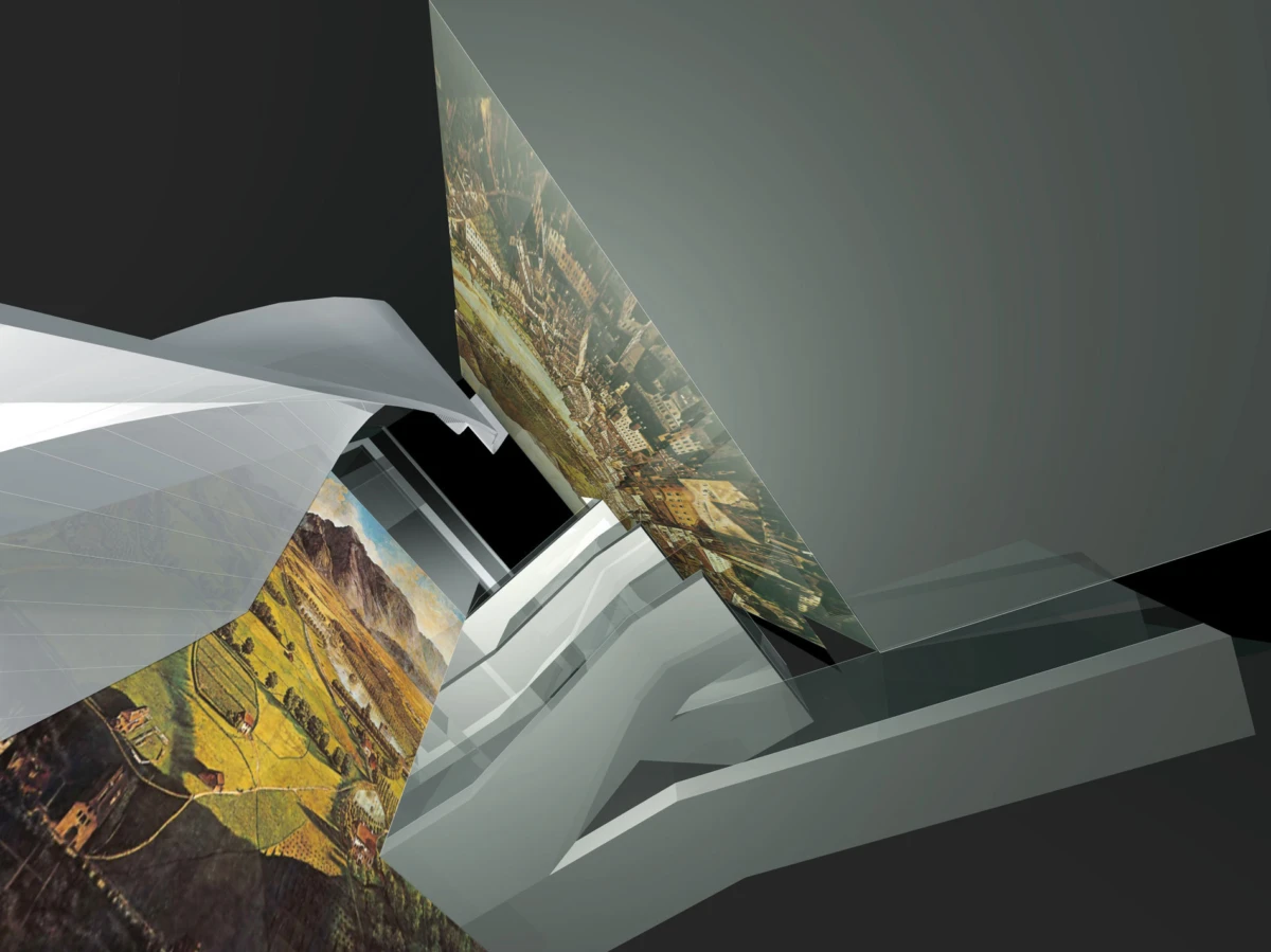 Abstract geometric sculpture with overlapping translucent panels showing a cityscape and rural farmland.