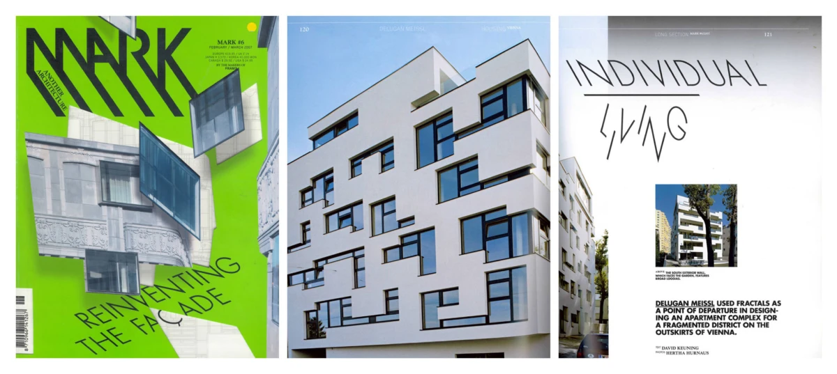 Three-panel spread: left MARK cover with glass boxes; center white multi-story apartment; right INDIVIDUAL LIVING page with building photo.