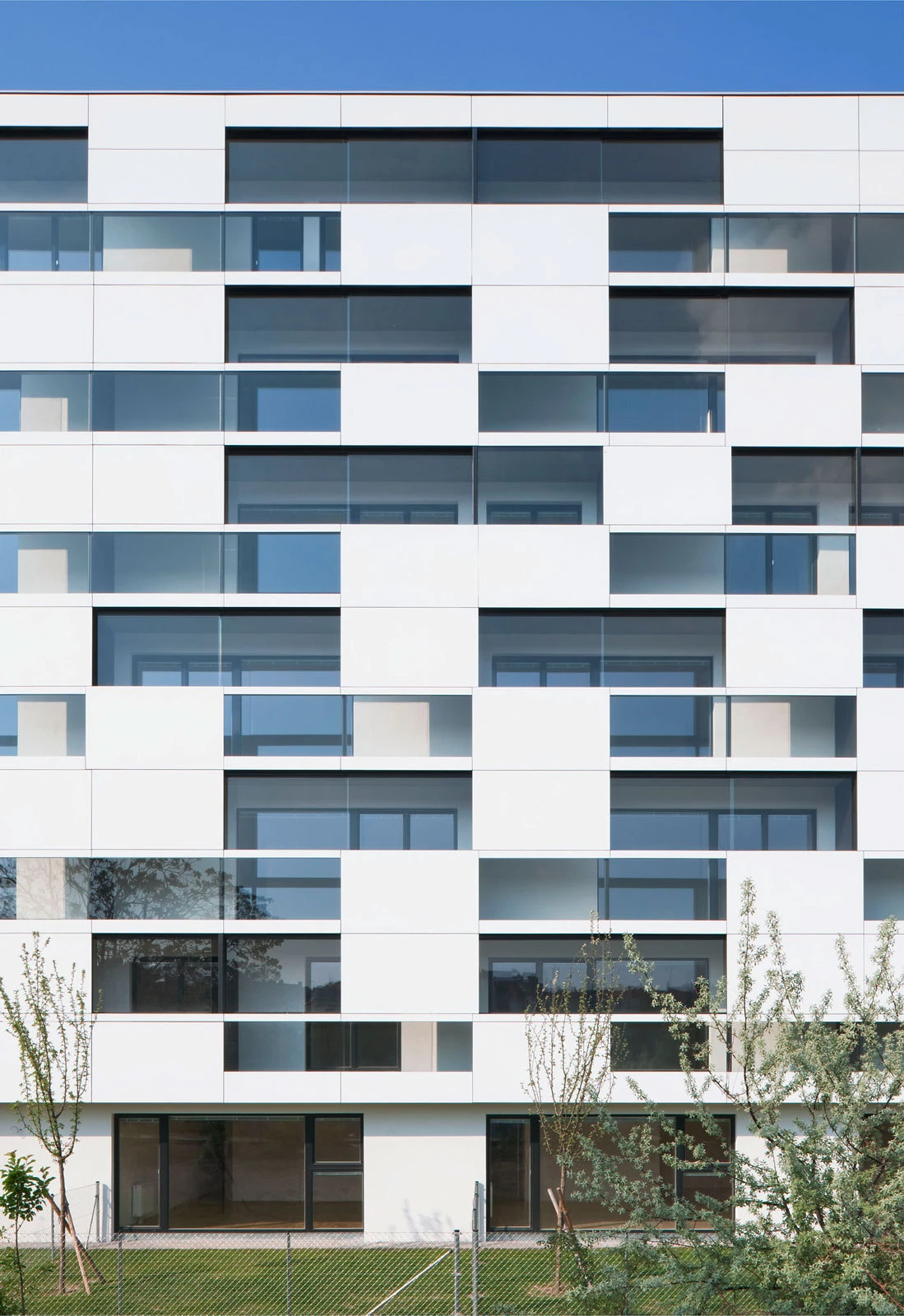 Modern white multi-story building with a grid of dark windows and white panels; front lawn, fence, and young trees.