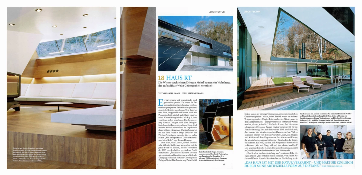 Three-panel magazine spread of a modern residence: interior lounge with skylights, exterior pool and glass walls; HAUS RT.