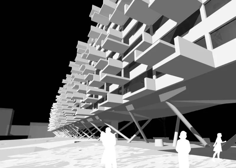 Modern building with stacked cantilevered balconies and diagonal supports; silhouettes of pedestrians in a night plaza.