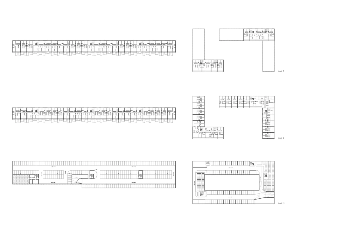Architectural blueprints of a multi-level building, showing long corridor layouts and room grids across levels 2, 1, and -1.