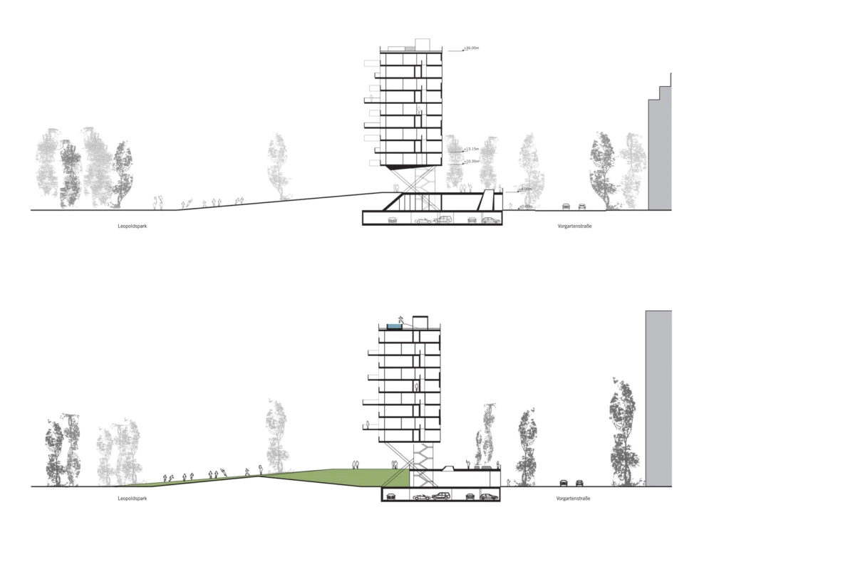 Section view of a tall residential tower on a sloped site with underground parking and landscaped ramp.