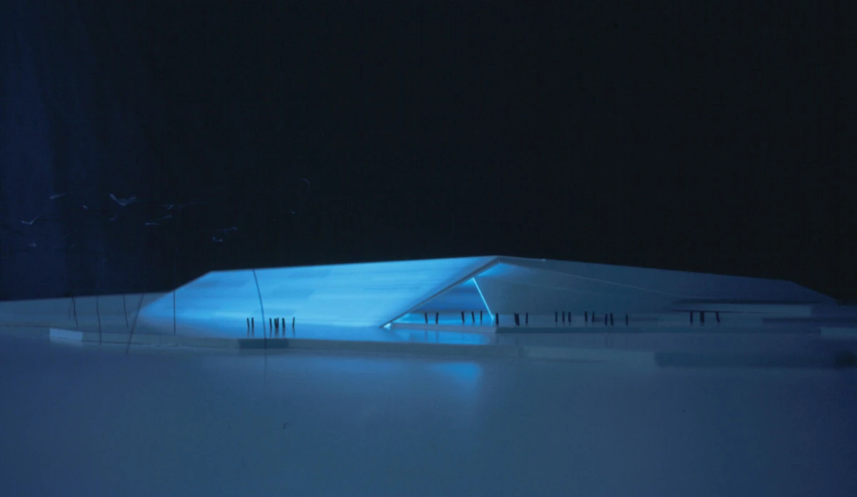 Blue-lit modern pavilion with a slanted roof at night, reflecting on calm water; flock of birds in the dark sky.