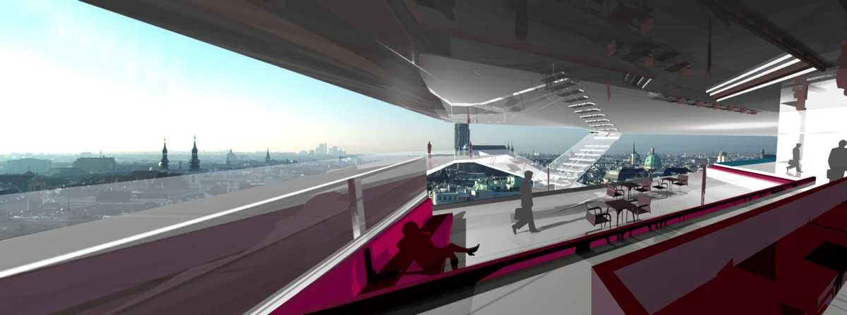 Futuristic observation deck with outdoor terrace overlooking a city; silhouettes sit and walk near magenta seating and a curved staircase.