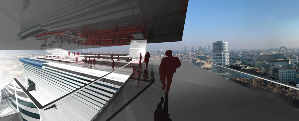 Silhouetted pedestrians walk along a sleek glass walkway on a futuristic high-rise terrace overlooking a city skyline.