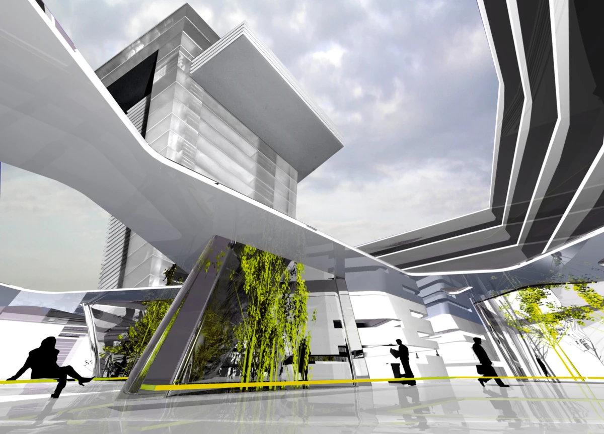 Futuristic white architectural complex with sweeping elevated pathways, glassy pillars and greenery; silhouetted people walk and sit.