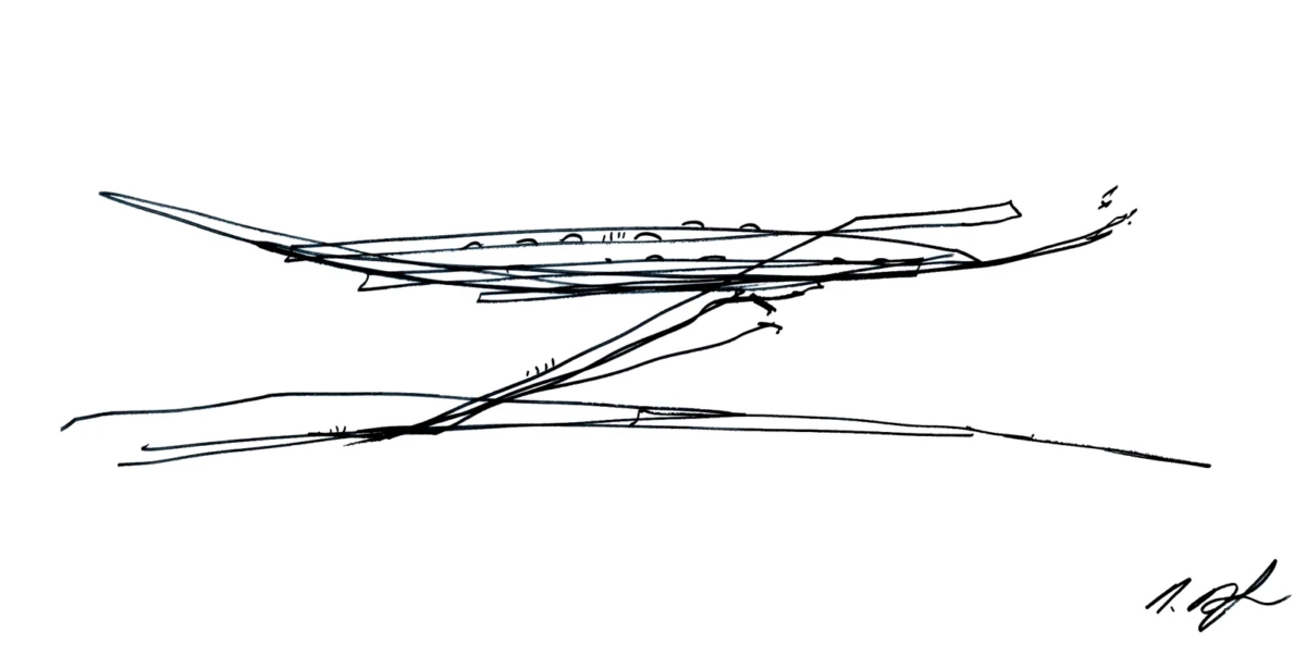 Abstract line drawing with overlapping diagonal strokes across a white background; signature in bottom-right.